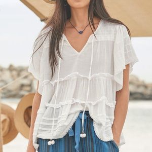 Sundance Antonia Tiered White Oversized Top Crochet Embroidered Cotton Size XS